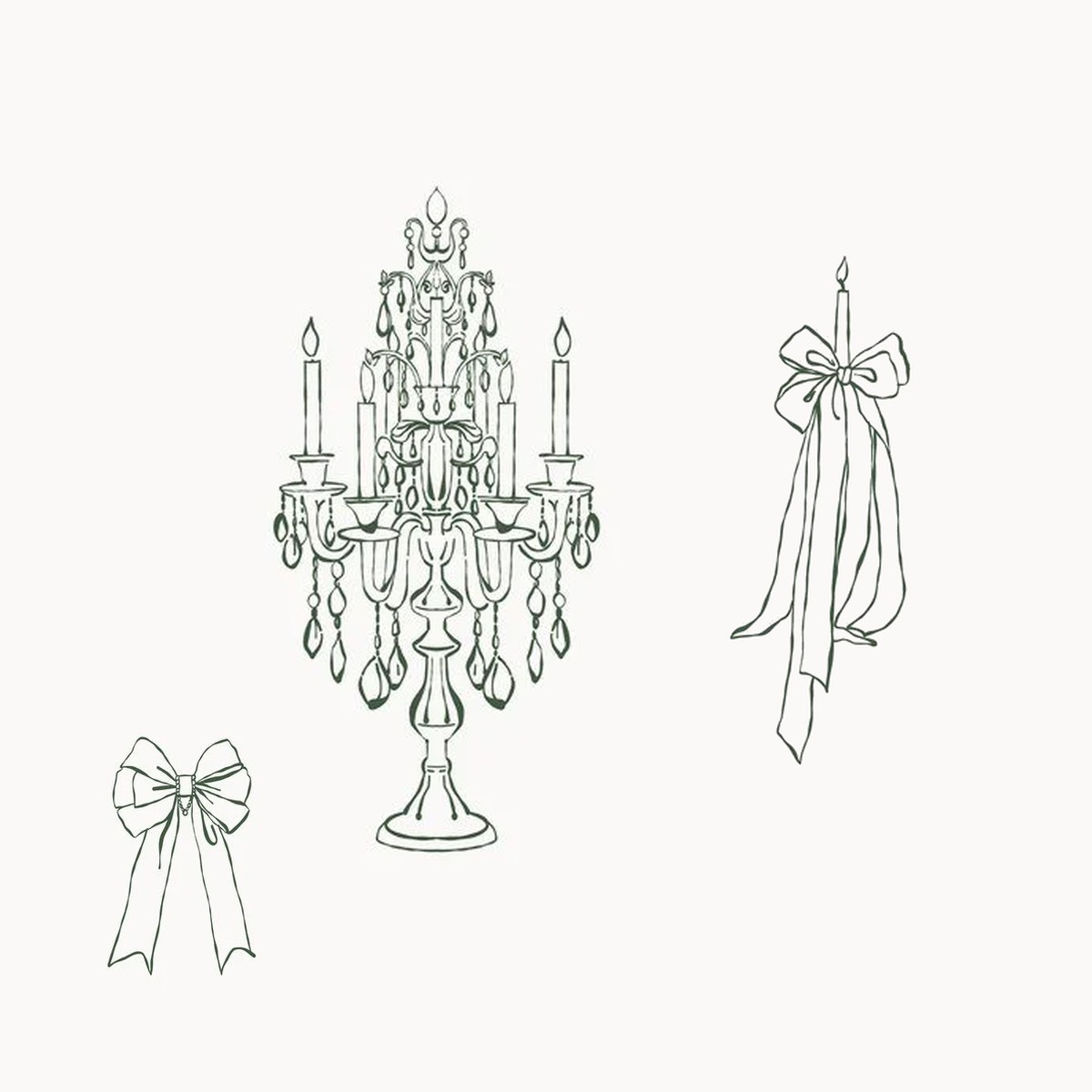 Candelabra, a ribboned taper, and a bow, line drawing