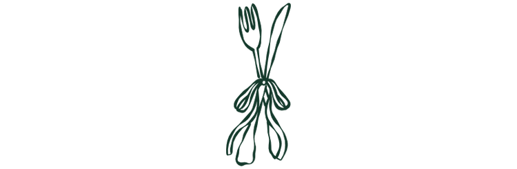 Line drawing of a fork, knife, and spoon tied together with a ribbon